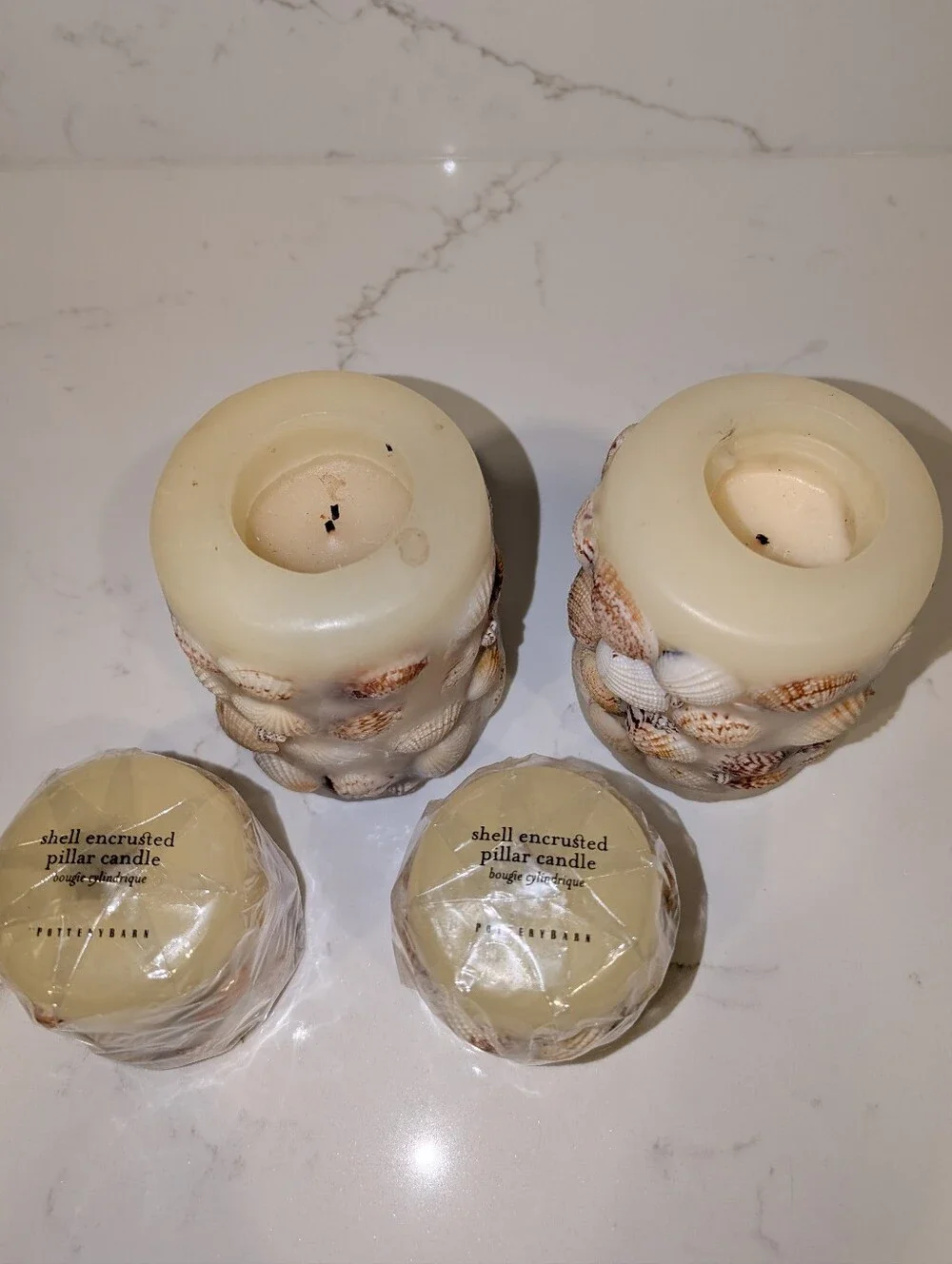 Pottery Barn Shell Encrusted Pillar Candles - Set Of 4